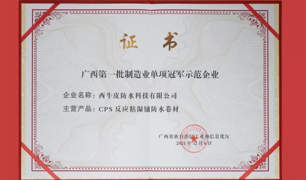 冠軍企業(yè)！西牛皮防水科技登榜廣西首批制造業(yè)單項冠軍示范企業(yè)